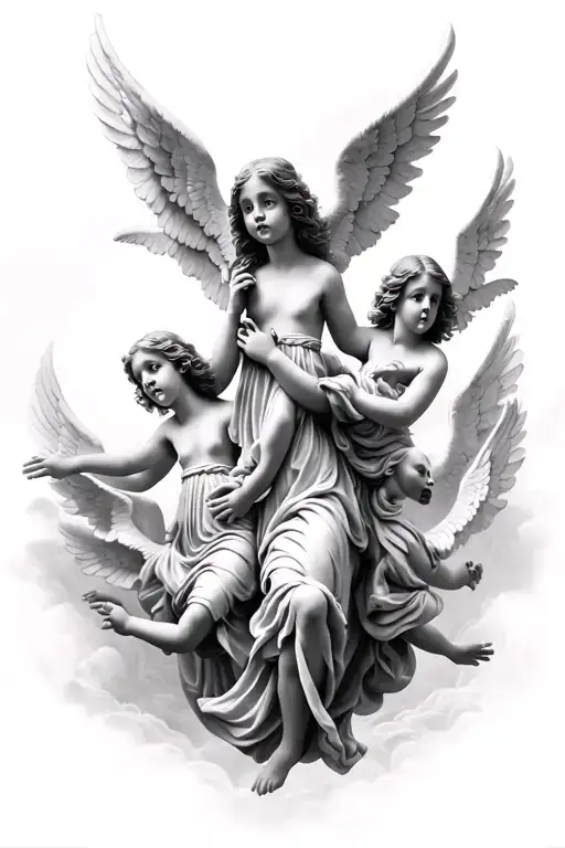 Multiple Small Angels Flying Reinessamce Style Black And White