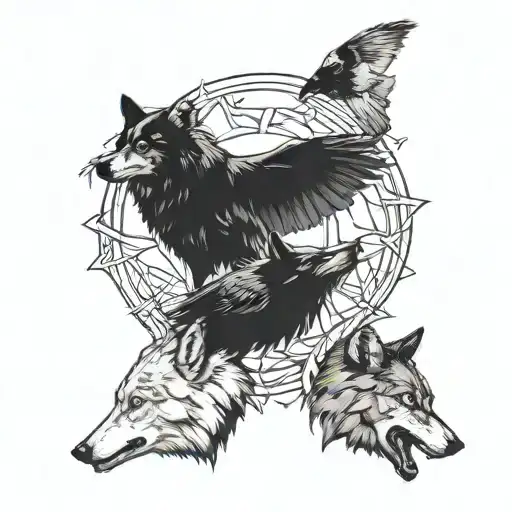 2 Wolves And Flying Raven