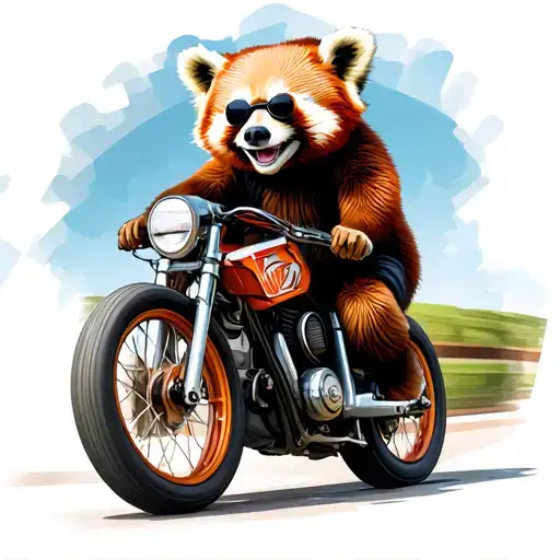 Large Smiling Red Panda Bear Riding A Road Racing Bike Wearing Sunglasses