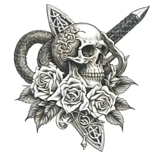 Sword And Snake And Skull And Flowers