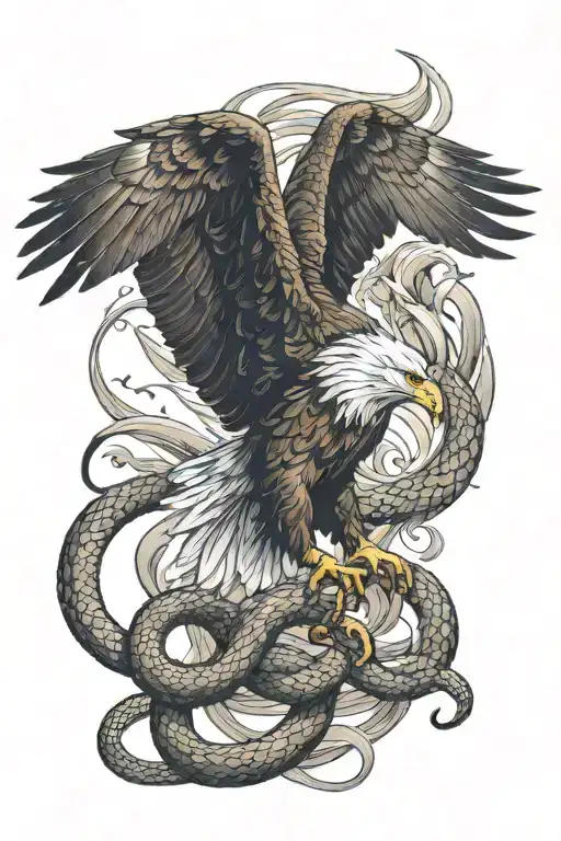 Bald Eagle Fighting A Snake Intertwined Representing The Fight Between Good And Evil
