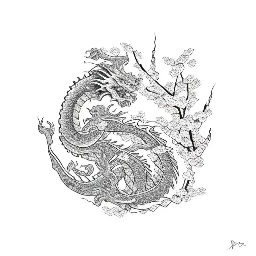 A Dragon With Cherry Blossoms In A Pagoda