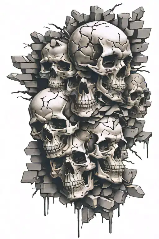 Skulls Surrounded By Broken Bricks Flying