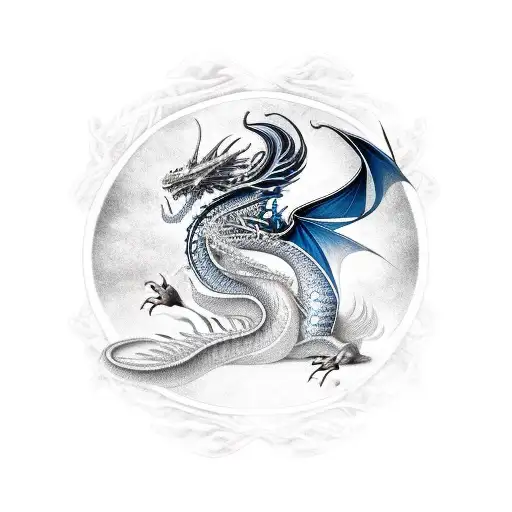 Feminine Black And Blue Nordic Full Dragon With An Ax
