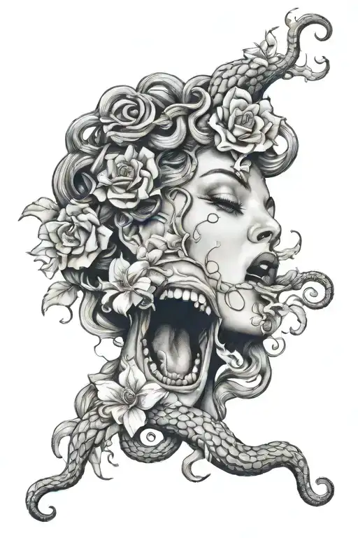 Medusa With Smoke Coming Out Of Her Mouth With Flowers