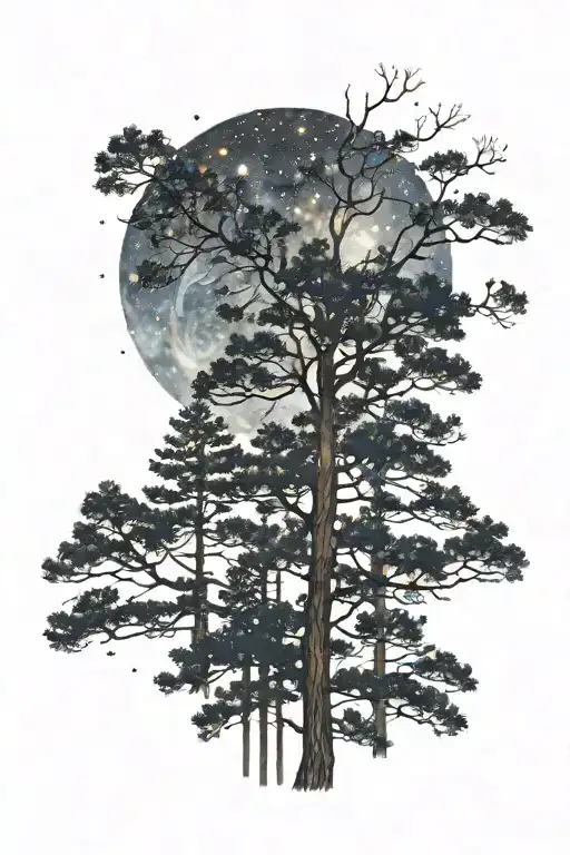 Pine Trees Silouhette With View Of Galaxy In The Background