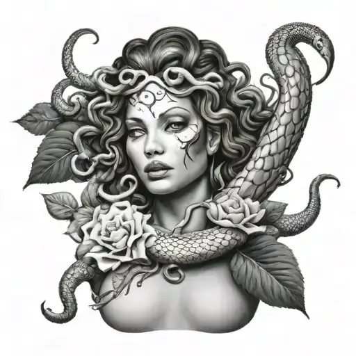 Medusa Gazing While Smoke Is Coming From Her Mouth With Flowers And Snakes Surrounding Her