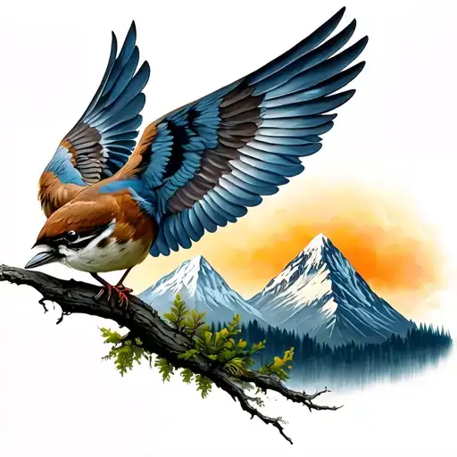 Sparrow And Mountain Tree Within The Sparrow Wings