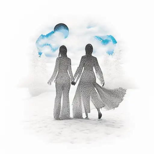 Dreamy Sky Landscape With Mother And Daughter Silhouettes