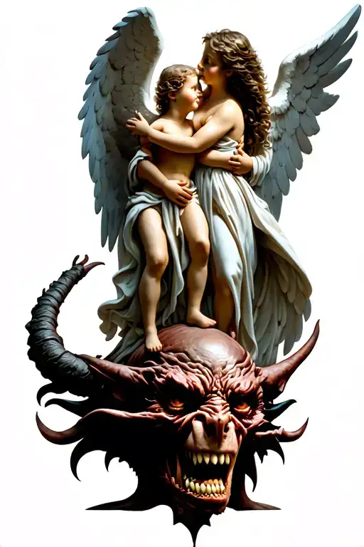 Angel Embracing A Child And Stepping On A Demon's Head