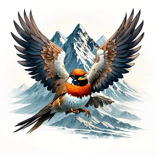 Sparrow And Mountain Tree In Her Wings