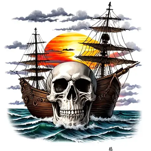 Sunset Beach Pirate Ship Skull Chain Link
