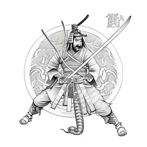 Samurai Holding 2 Daggers In Hand With Swords On Back With Dragon Behind It