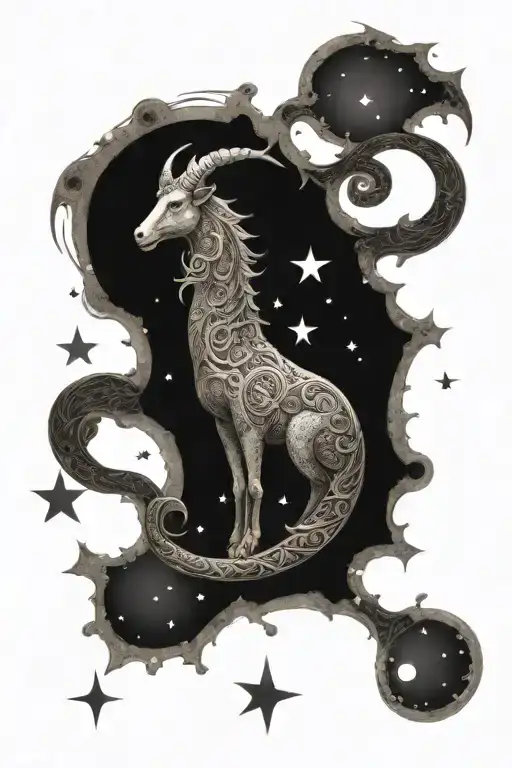 An Intricate Design Featuring A Capricorn Symbol Surrounded By Stars And Moons