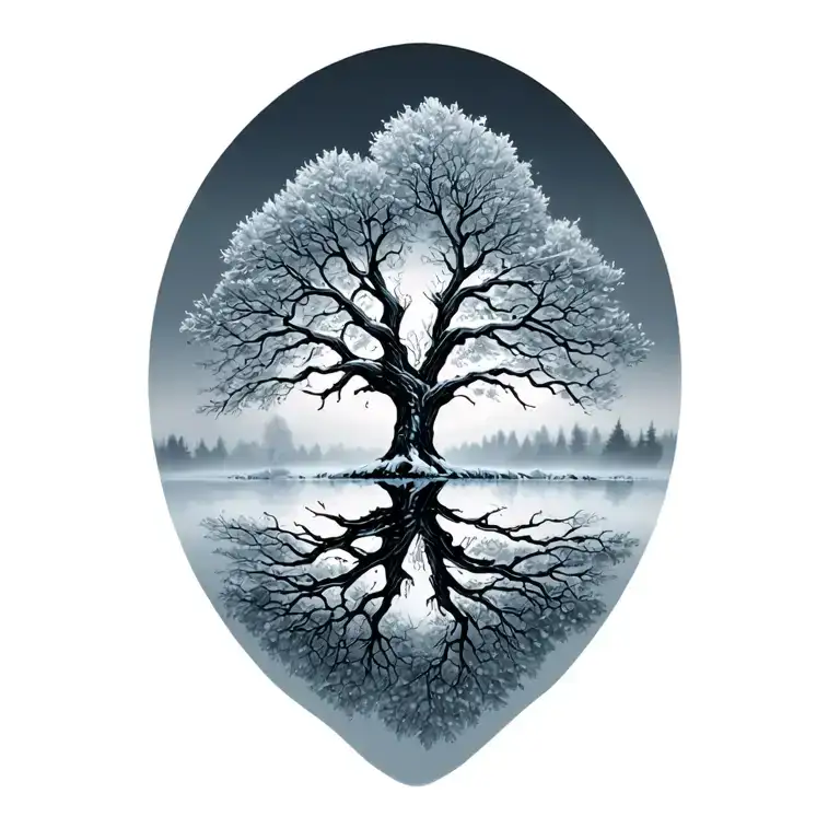 A Tree In Summer Reflected As Winter Ominous Dark Forest