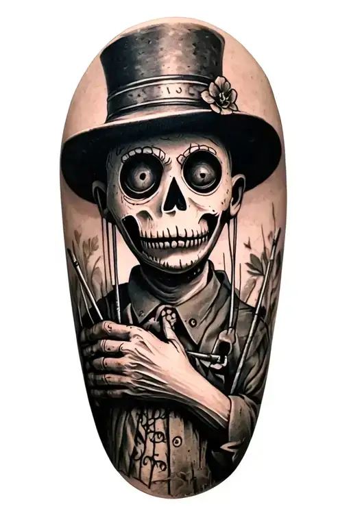 Voodoo Doll With Cylinder Hat And Needles On His Own Hand And Nature