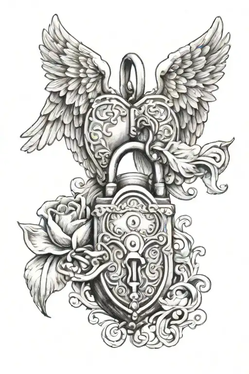 Angel Wings Holding A Heart Shaped Lock Being Opened