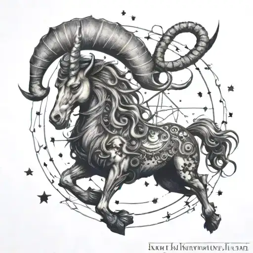 An Intricate Design Featuring A Capricorn Symbol Surrounded By Stars And Moons