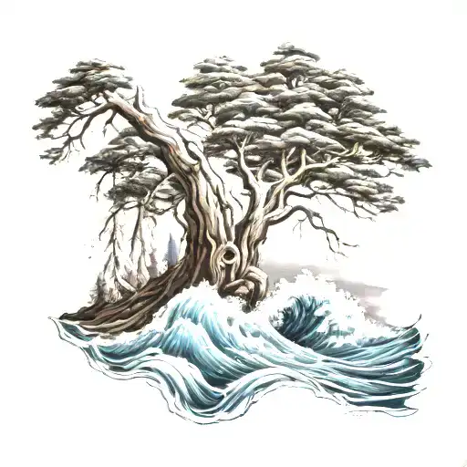 Redwood Tree Into Ocean Wave Crashing