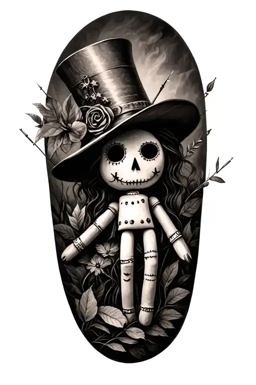Voodoo Doll With Cylinder Hat And Needles On His Own Hand And Nature