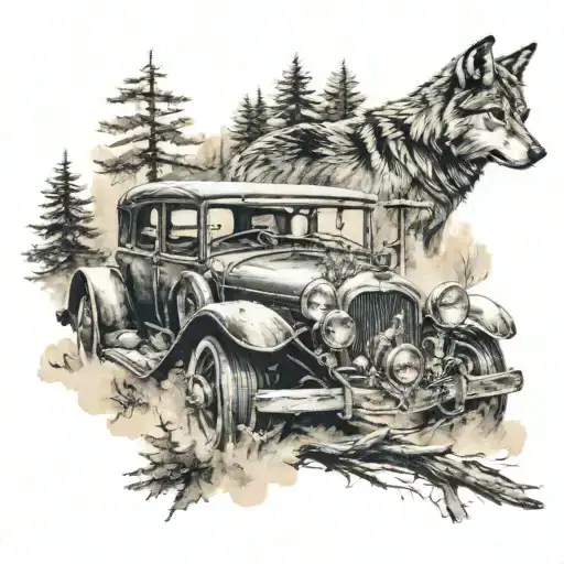 A Realistic Tattoo Of A Wolf Driving A Vintage Car Through A Calm Forest