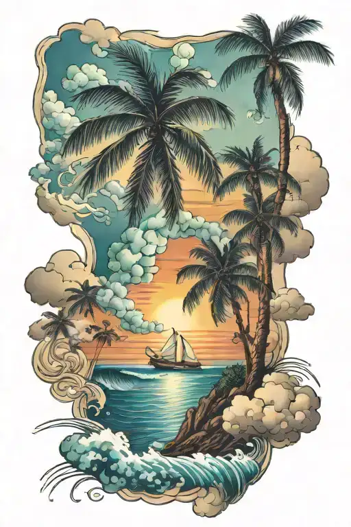 Sleeve Sunset Tropical Ocean Cloud Palmtree All Floating