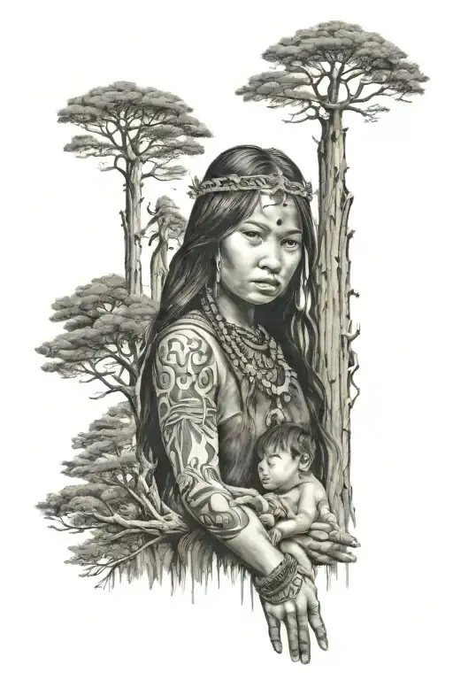 Native Princess Holding The Hand Of A Little Boy Tocuhing A Redwood Tree