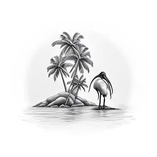 White Ibis In Front Of A Palm Tree And River
