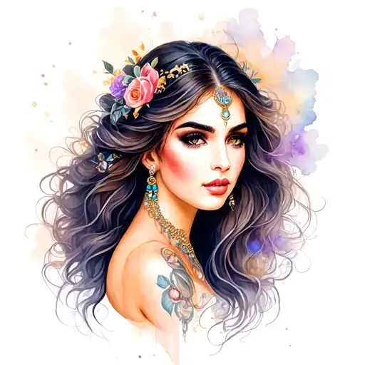 Beautiful Woman Long Hair With Jewelry And Great Details With The Watercolor