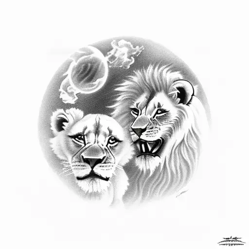 A Lionqueen Whit Her Lioness Cub Looking The Sun