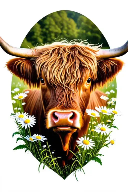 Highland Cow With Daisy Flowers