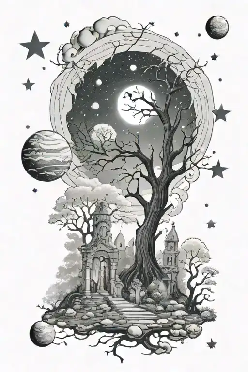 Foggy Spooky Graveyard Galaxy Filled With Stars Planets In Sky