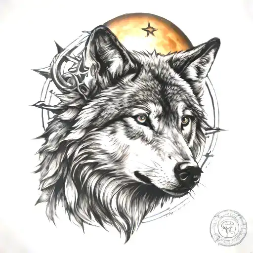 Wolf With A Moon A Sun And A Star