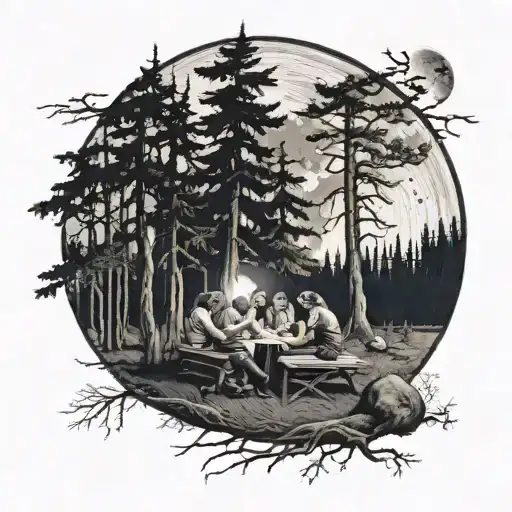 A Surreal Scene Of A Family Picnic Under A Giant Moon In The Forest
