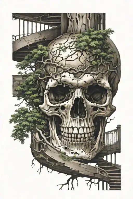 Spiral Staircase Deteriorating Skull With A Tree