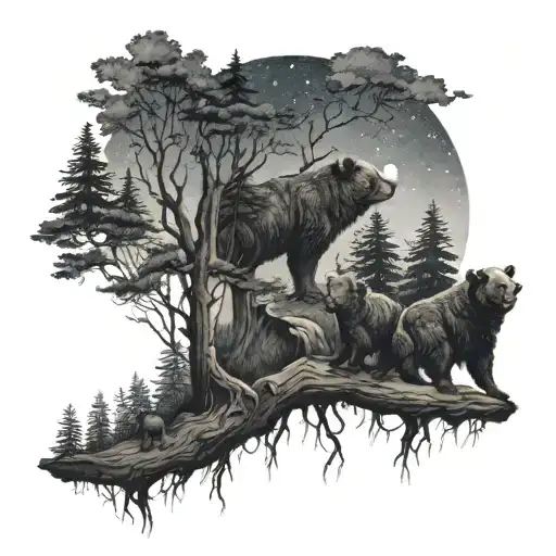 Dark Forest With Crows With Night Sky And Baby Bear Looking At Relection Of Older Self