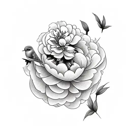 Gentle Peony Flowers With A Bird