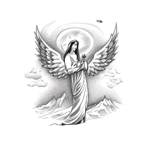 A Camping Scene With An Angel Overlooking The Campfire