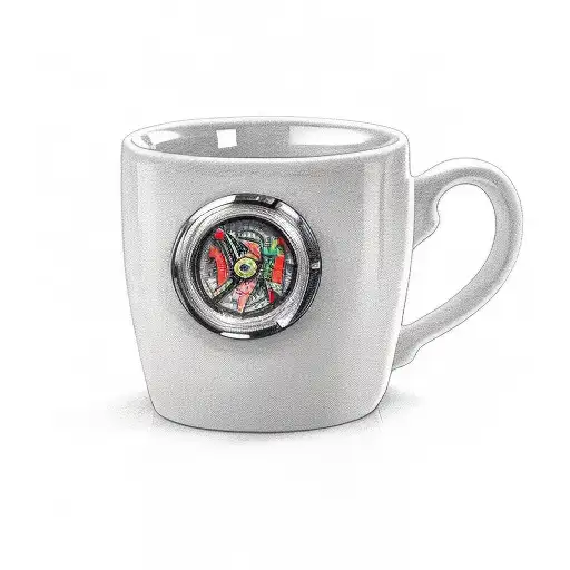 A Button-filled Coffee Mug With A Racecar Popping Out