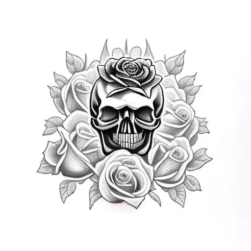 Skull With Roses And A Black Cat Sleeve