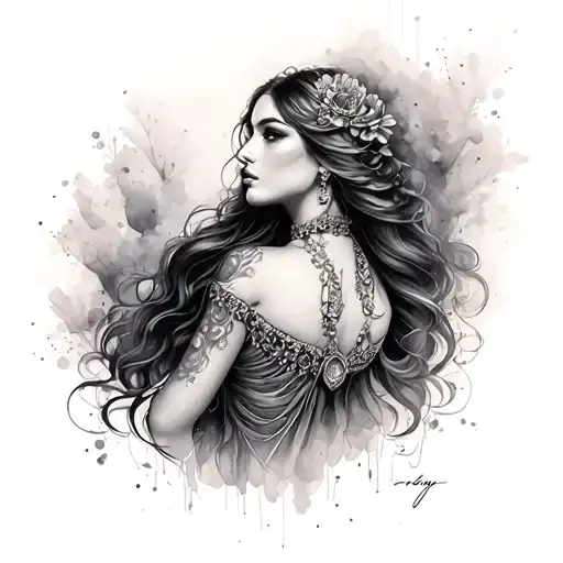 Beautiful Woman Long Hair With Jewelry And Great Details With The Watercolor In Black And Gray