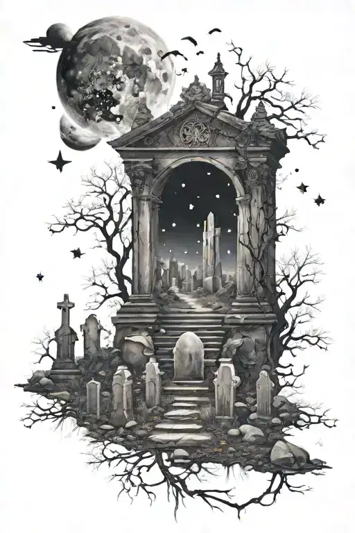 Graveyard With Many Headstones Gothic Below Then Higher Up Galaxy Filled With Stars Planets In Sky