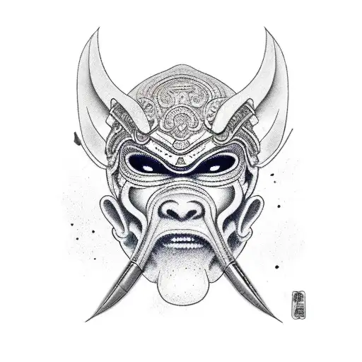 Hanya Mask With Samurai Sword Crossed