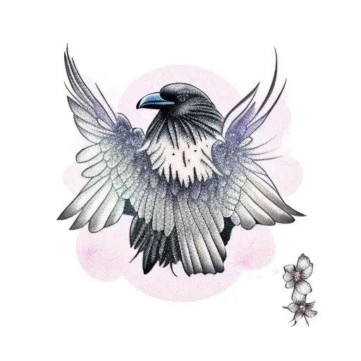Flying Raven With Cherry Blossom