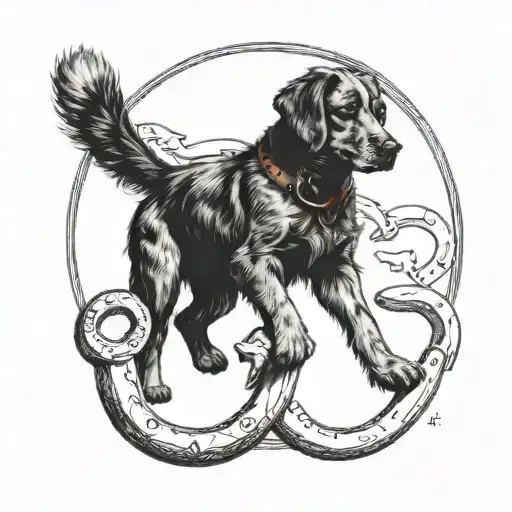 An Emergency Medicine Symbol Intertwined With A Dog And Horseshoe In A Dotwork Design