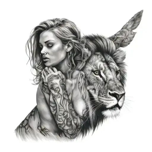 Sexy Girl No Clothes Holding Lion Roaring