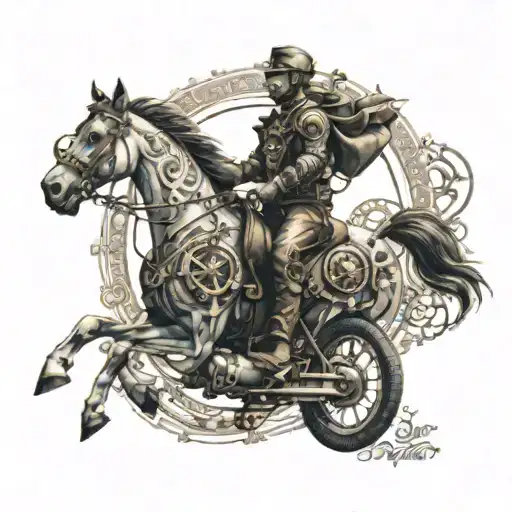 A Steampunk-inspired Tattoo Of A Horse Riding A Motorcycle Through A Fractal Landscape