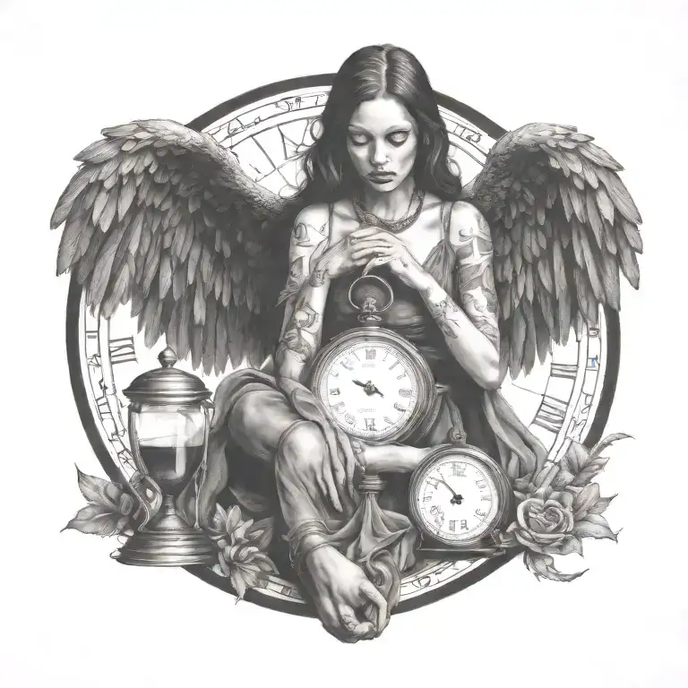 Fallen Angel Holding Hour Glass Crow