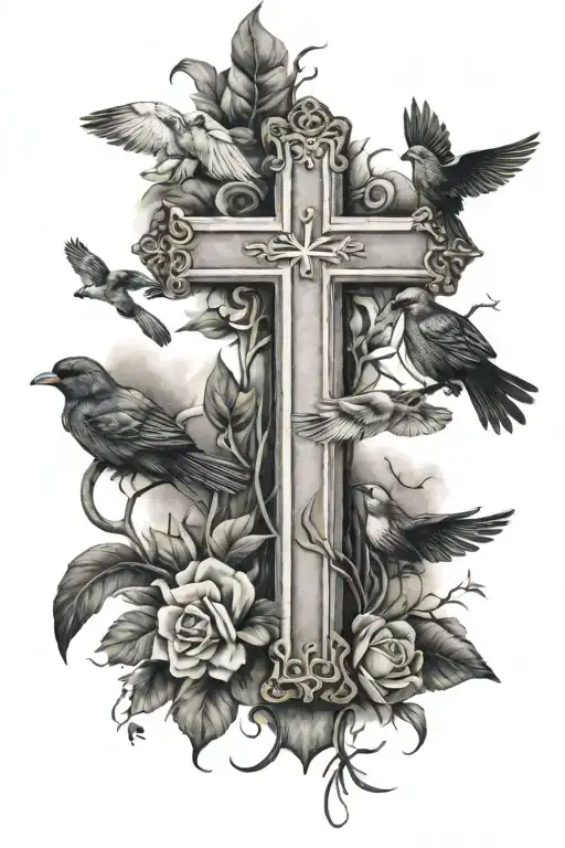 Cross With Bible Verse And Five Birds