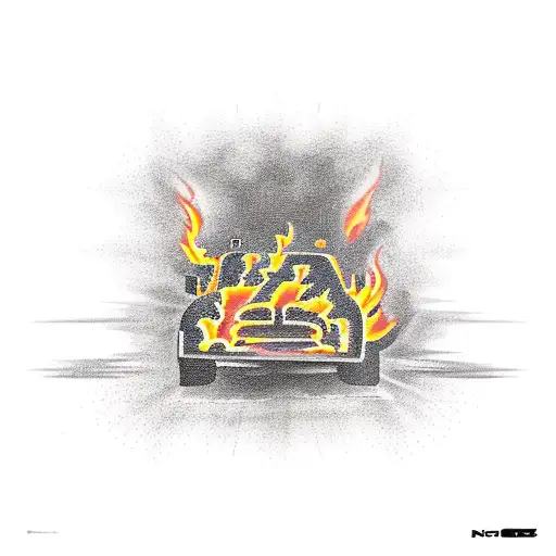 A Truck Engulfed In Flames With A Silhouette Of A Rifle In The Background